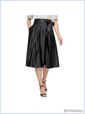 Satin Tea Length Midi Skirt with Tie Belt for Special Occasions